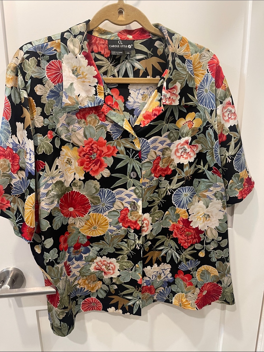 Carole Little Black Floral Short-Sleeve Button Shirt Sz 14 Rare!!!!
